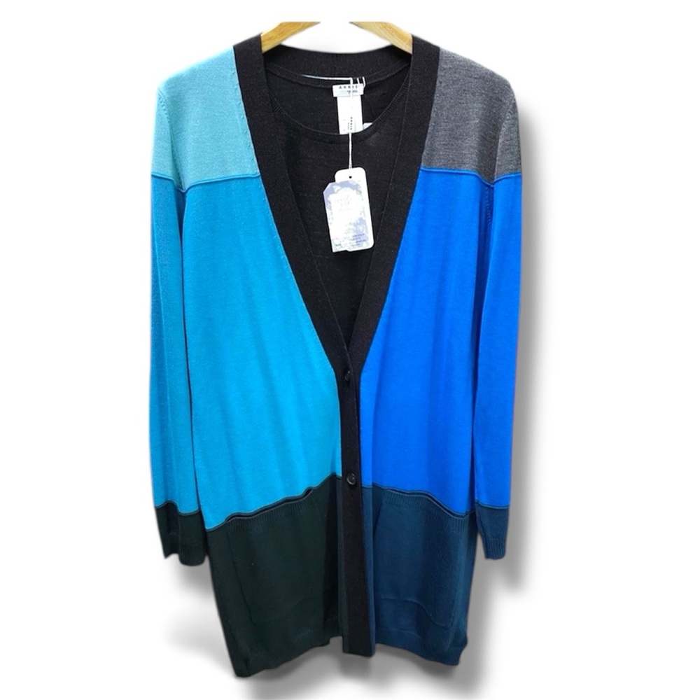 NWT Akris Punto SET‎ Colorblock cardigan & vest wool knit sweater turquoise blue
